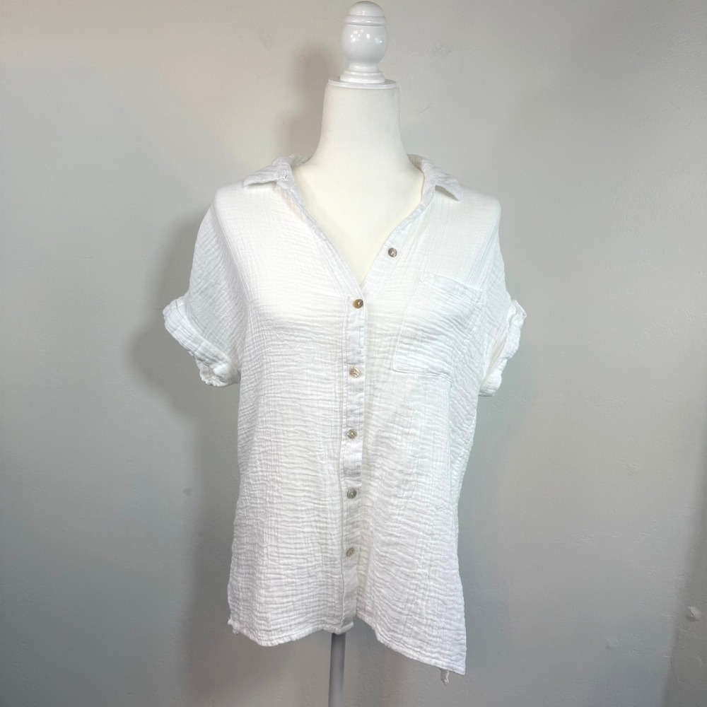 Lola River Cotton Gauze Button Up Shirt White Medium Coastal Beach Minimalist - Picture 2 of 14
